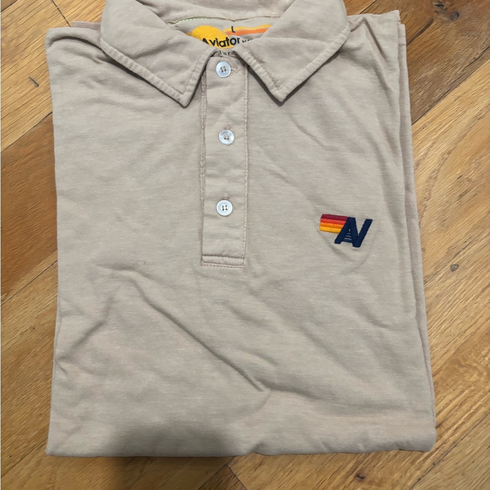 Aviator Nation Beige Polo with Navy & Rainbow Embroidered Logo